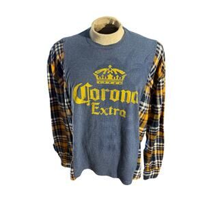 Corona Extra Beer Logo Flannel Sleeve Shirt Blue Yellow Plaid Men’s M Licensed